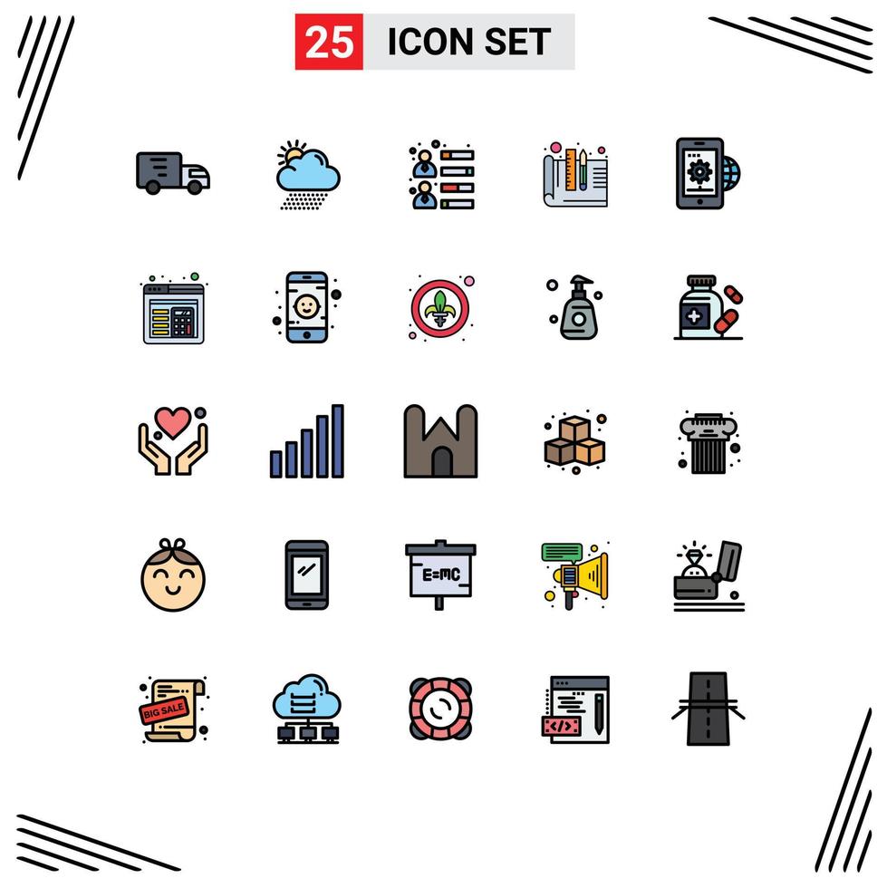 25 User Interface Filled line Flat Color Pack of modern Signs and Symbols of gear prototyping businessman development creative Editable Vector Design Elements
