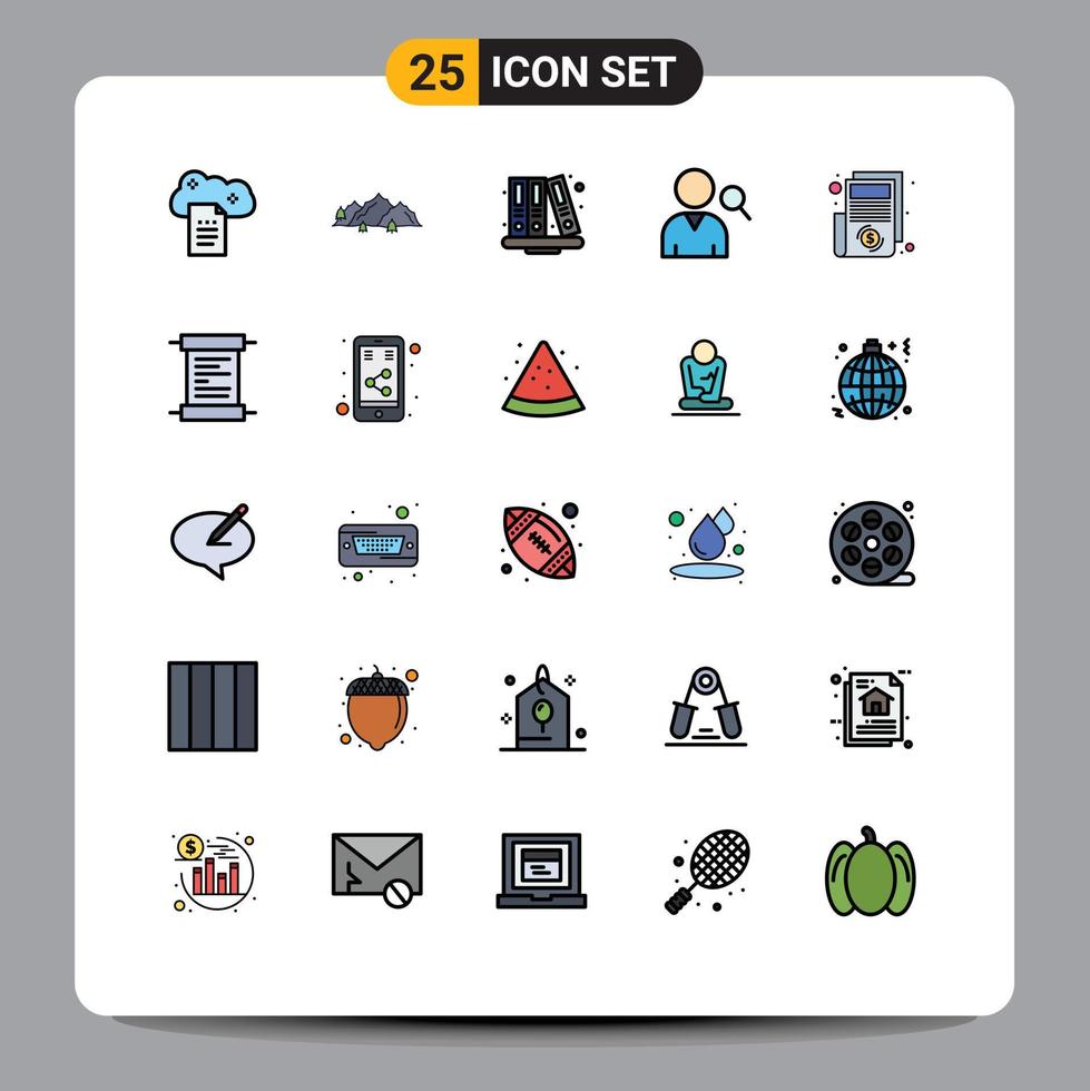 User Interface Pack of 25 Basic Filled line Flat Colors of bill search nature employee education Editable Vector Design Elements