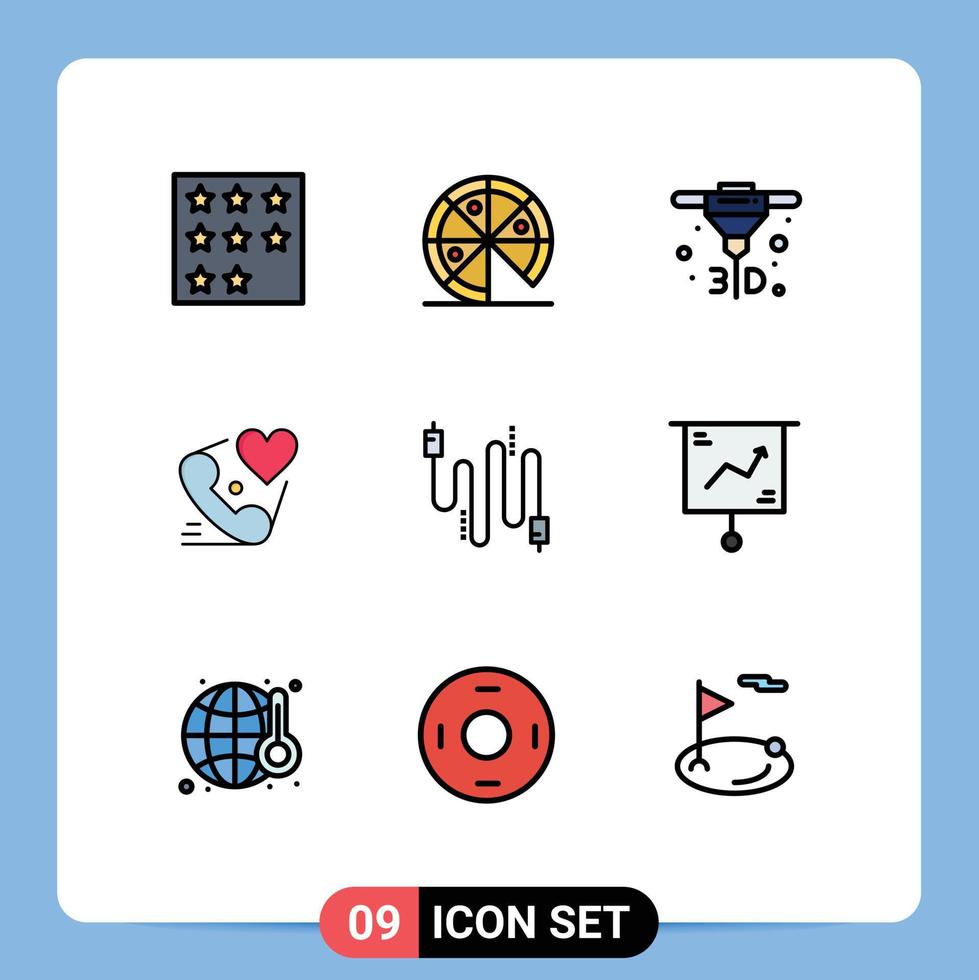 9 Thematic Vector Filledline Flat Colors and Editable Symbols of cable valentine printing love call Editable Vector Design Elements