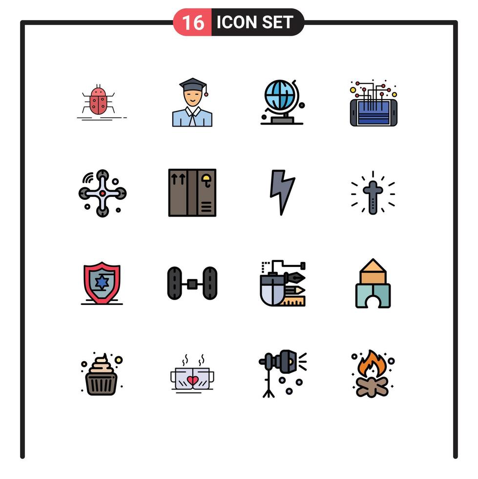 Group of 16 Flat Color Filled Lines Signs and Symbols for communications processor learning phone circuit Editable Creative Vector Design Elements
