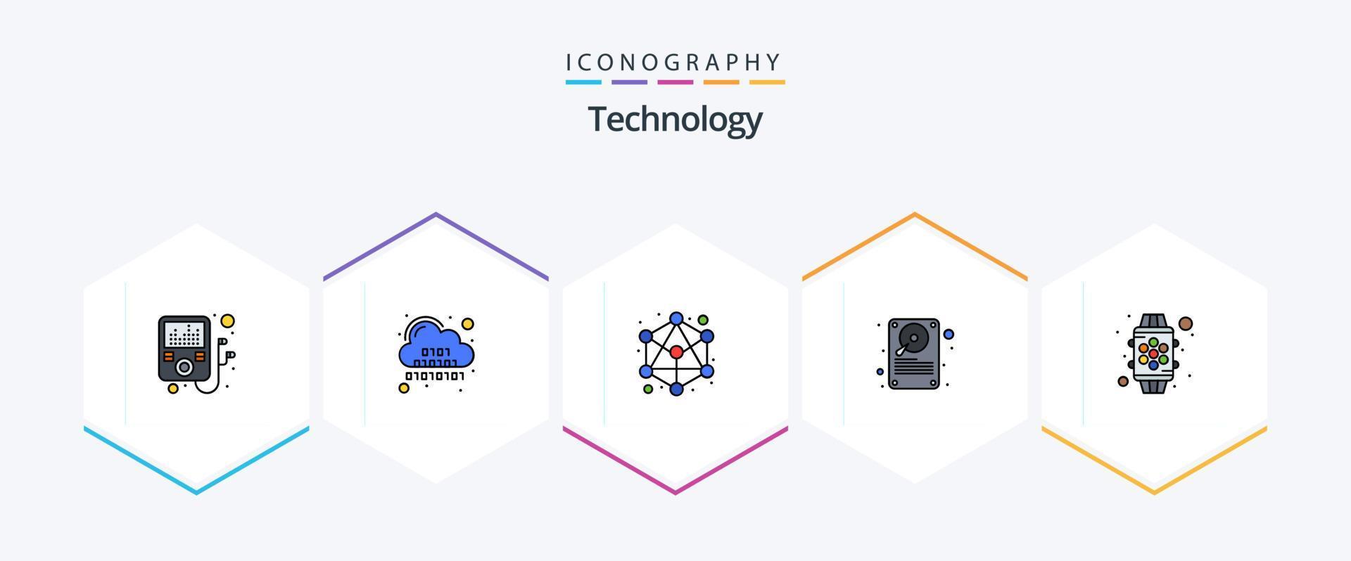 Paquete de íconos de 25 líneas completas de tecnología que incluye funciones. elegante. jerarquía. dispositivo. hardware vector