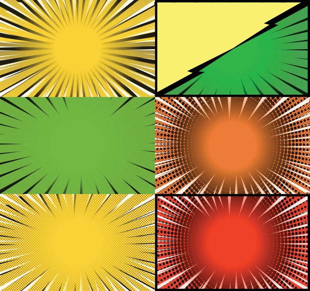 Comic book colorful frames background with halftone rays radial and dotted effects pop art style vector