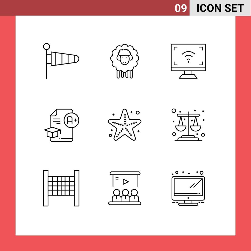 Mobile Interface Outline Set of 9 Pictograms of a education electronics cap tv Editable Vector Design Elements