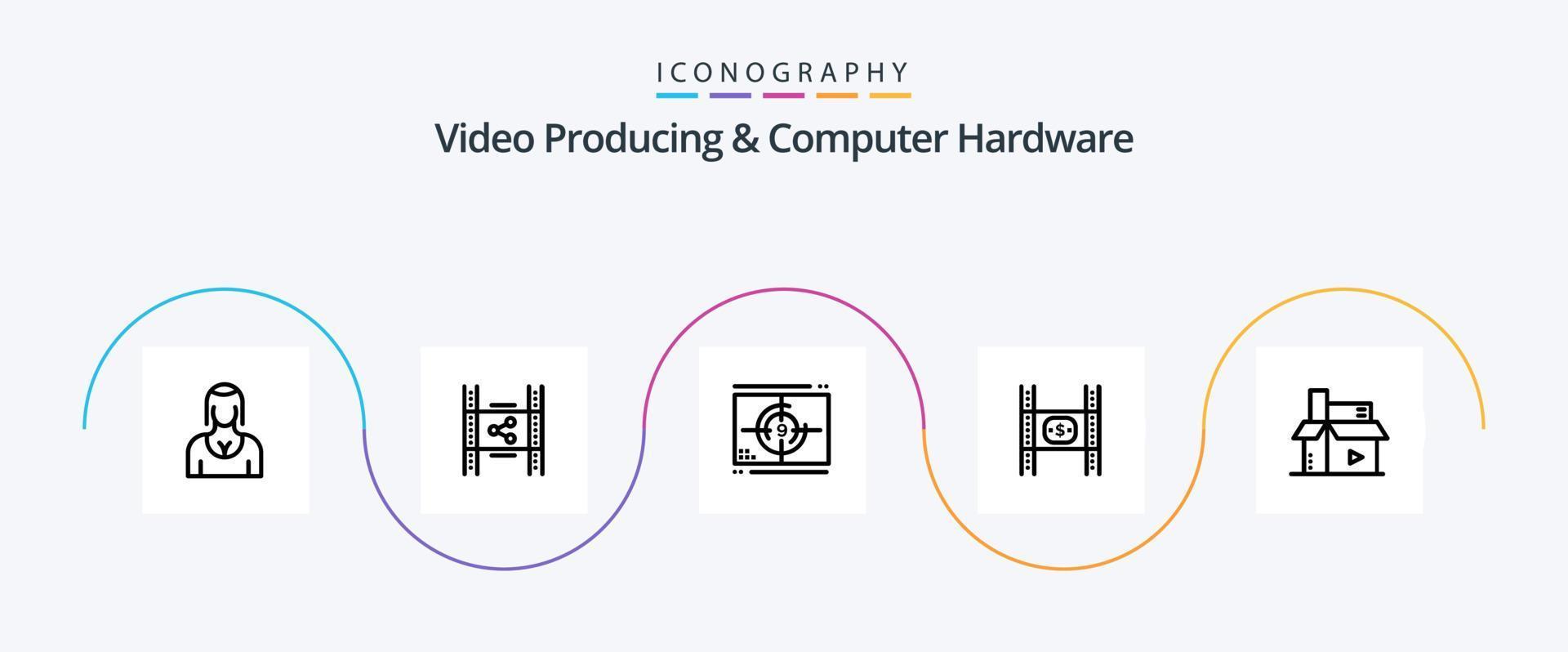 Video Producing And Computer Hardware Line 5 Icon Pack Including film. budget. pp. premiere. numbers vector