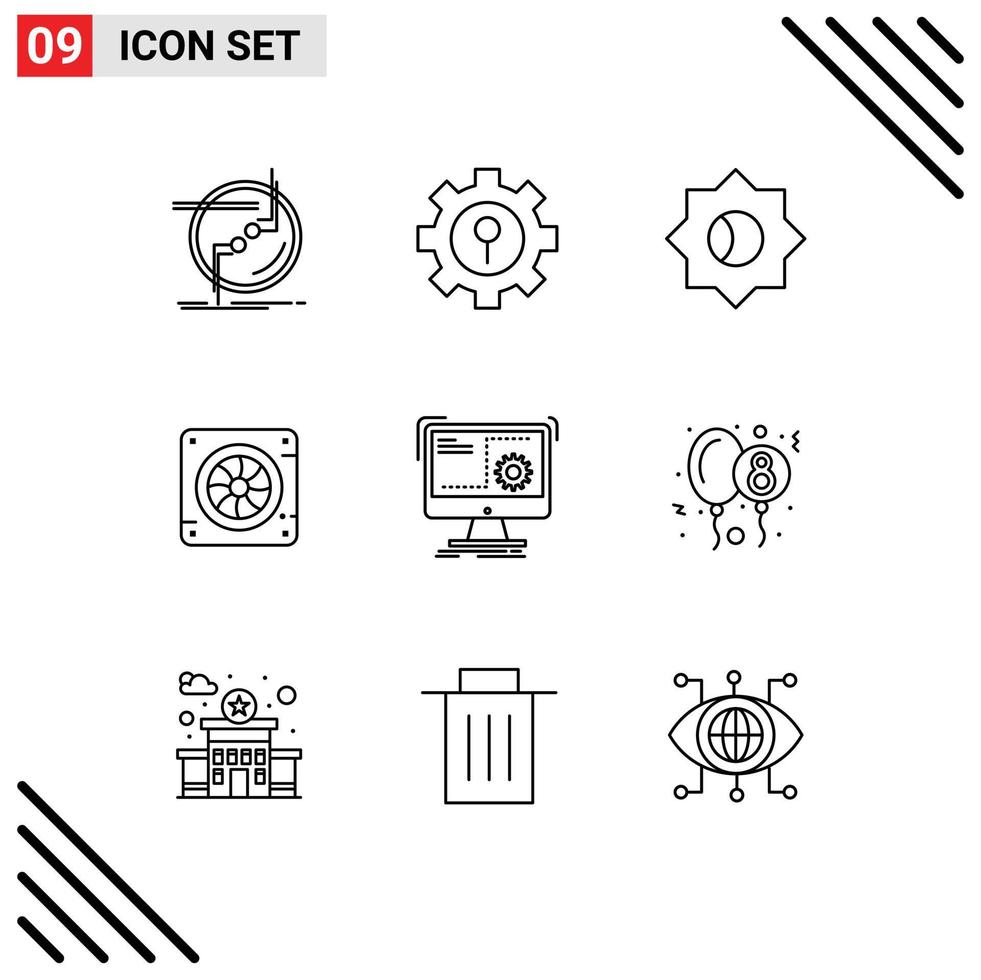 Mobile Interface Outline Set of 9 Pictograms of computer air setting fan computer Editable Vector Design Elements