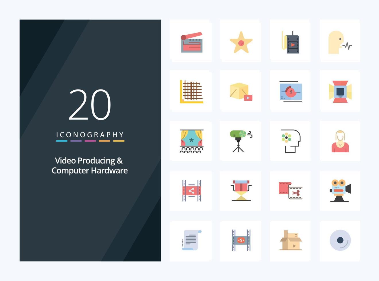 20 icono de color plano de producción de video y hardware de computadora para presentación vector