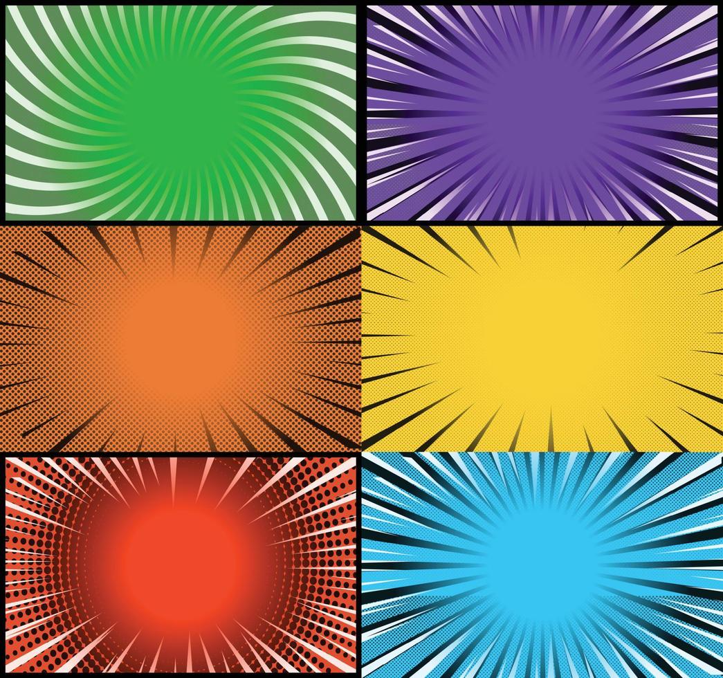 Comic book colorful frames background with halftone rays radial and dotted effects pop art style vector