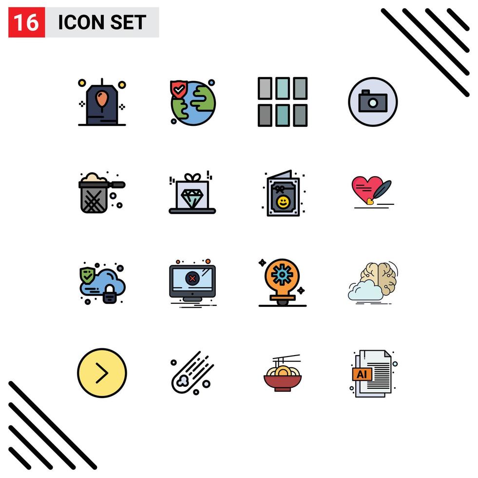 16 Universal Flat Color Filled Lines Set for Web and Mobile Applications pot kitchen frame multimedia media Editable Creative Vector Design Elements