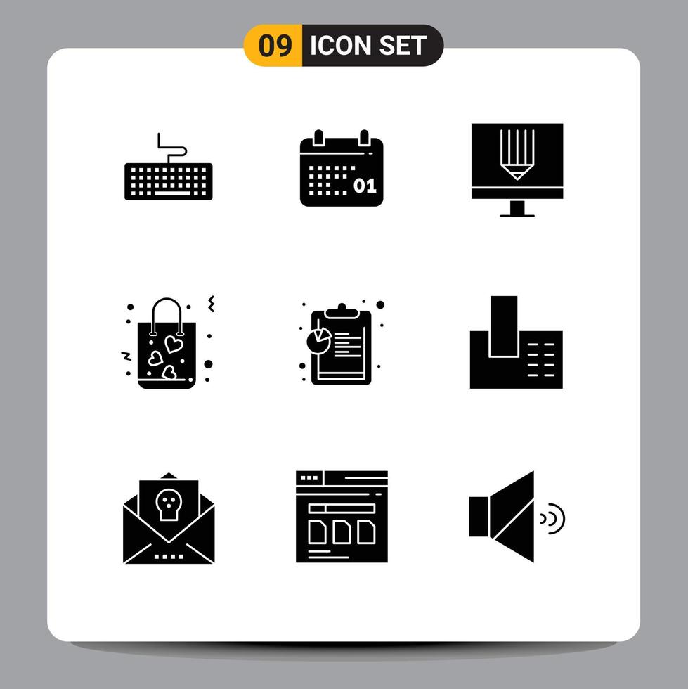 Pack of 9 Modern Solid Glyphs Signs and Symbols for Web Print Media such as analysis love coding gift programing Editable Vector Design Elements