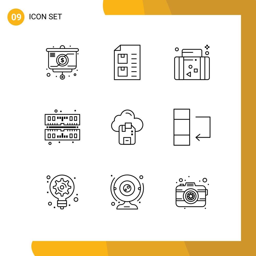 9 User Interface Outline Pack of modern Signs and Symbols of cloud memory paper computer travel Editable Vector Design Elements