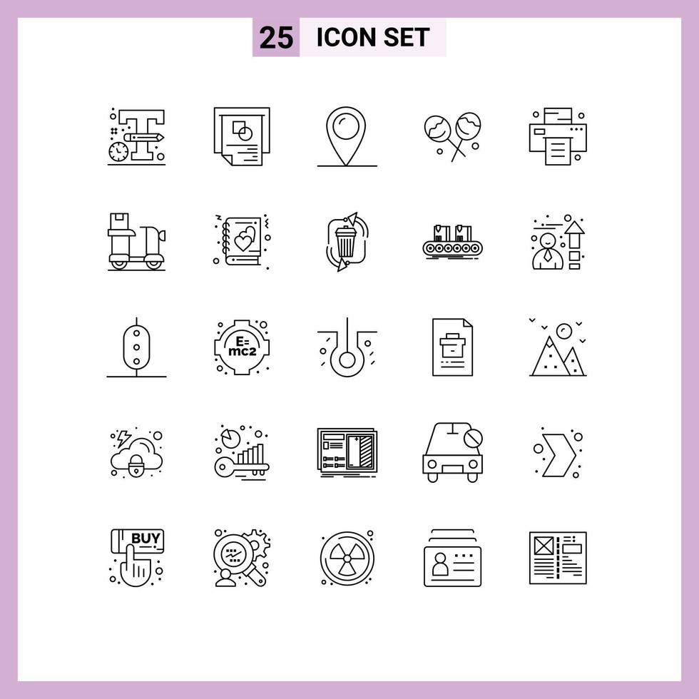 conjunto moderno de 25 líneas y símbolos como elementos de diseño de vectores editables de caramelos de piruleta de corazón de vacaciones de oficina de impresora