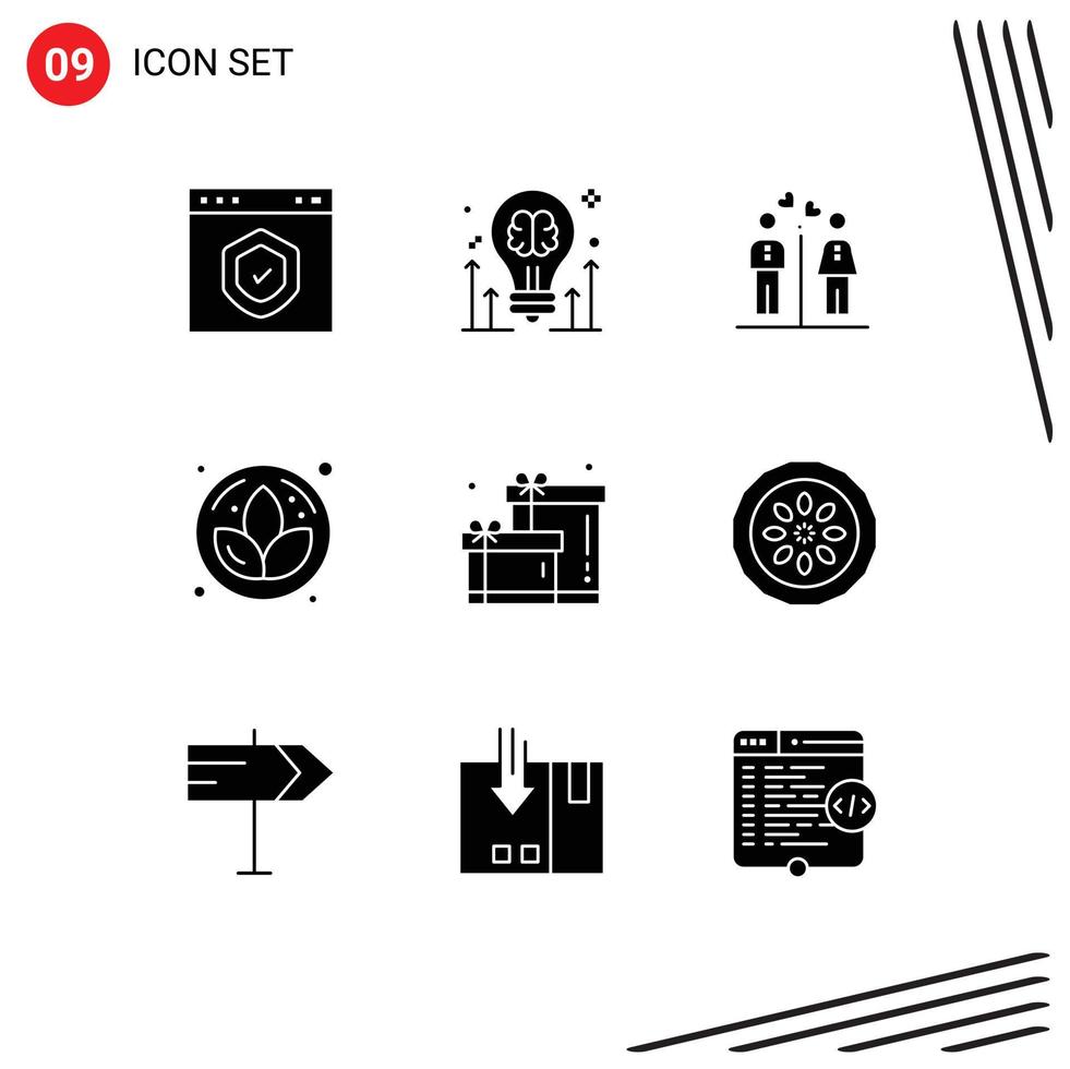 Set of 9 Commercial Solid Glyphs pack for sauna lotus idea girl couple Editable Vector Design Elements