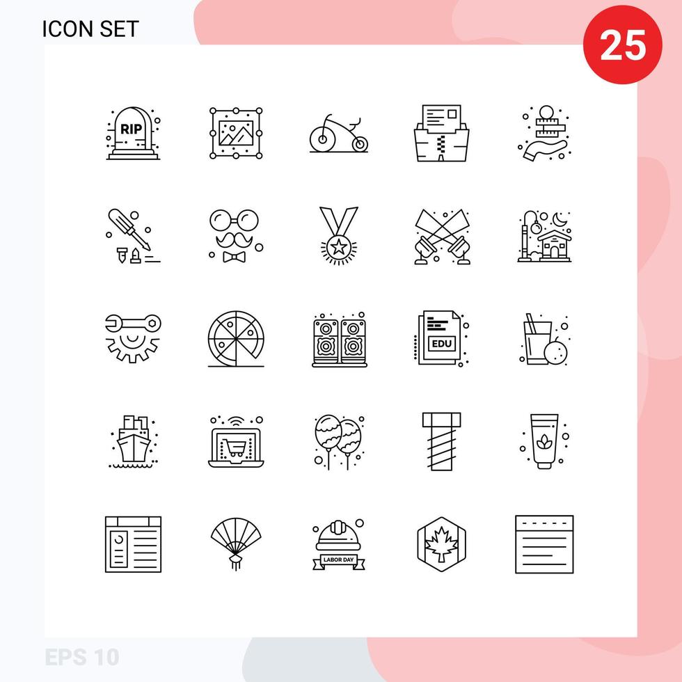 Universal Icon Symbols Group of 25 Modern Lines of coins money investment bicycle folder document Editable Vector Design Elements