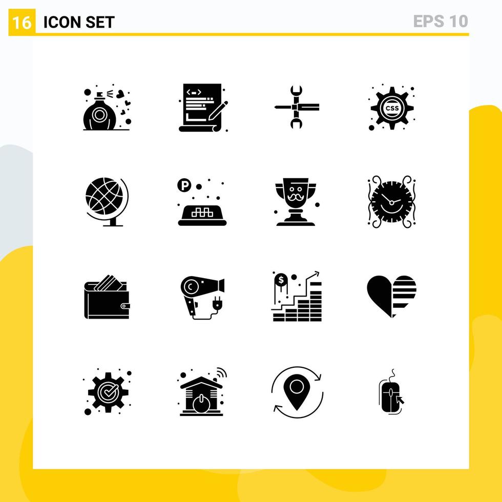 Pictogram Set of 16 Simple Solid Glyphs of css gear cog settings cascading tools Editable Vector Design Elements