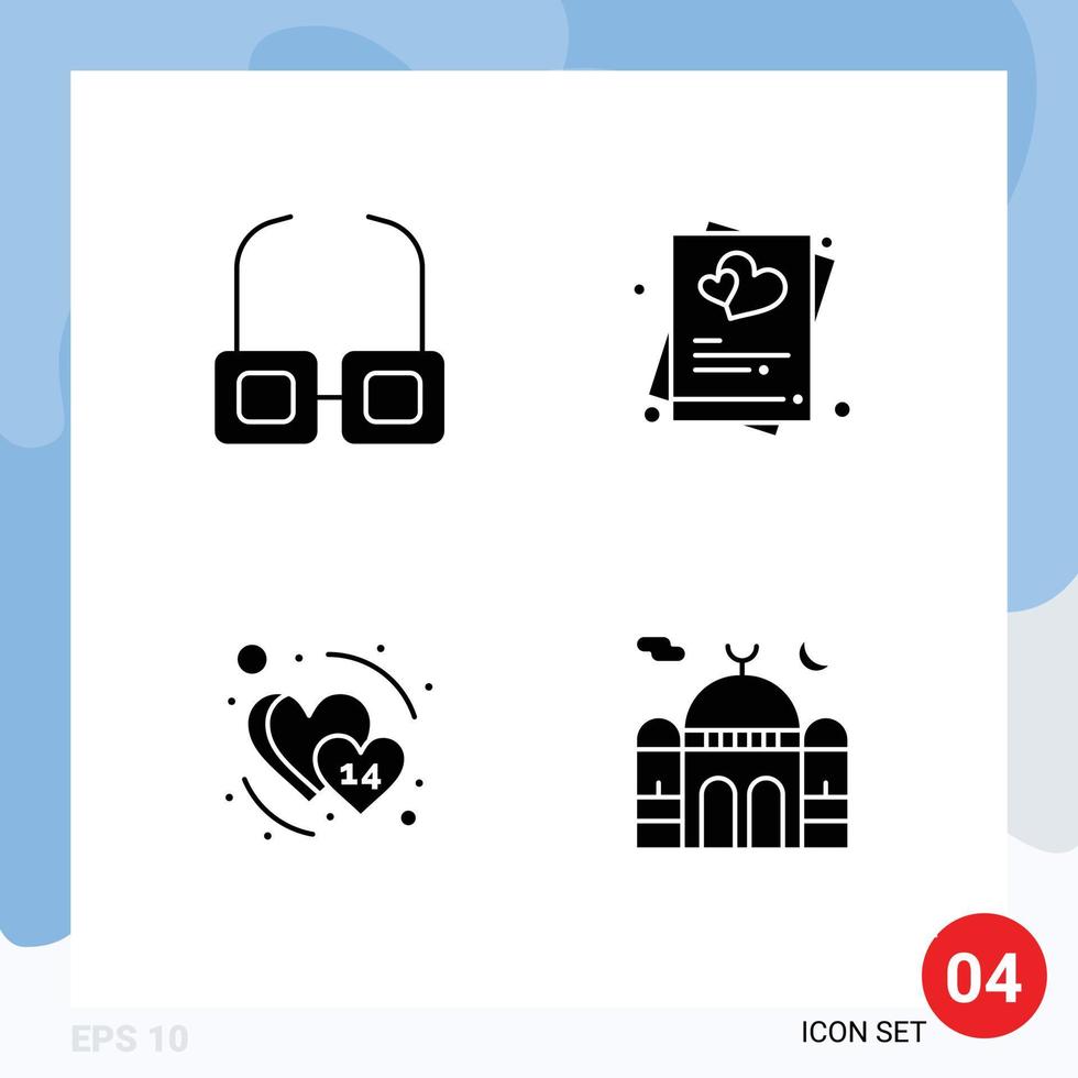 Pictogram Set of 4 Simple Solid Glyphs of glasses date heart marry february Editable Vector Design Elements