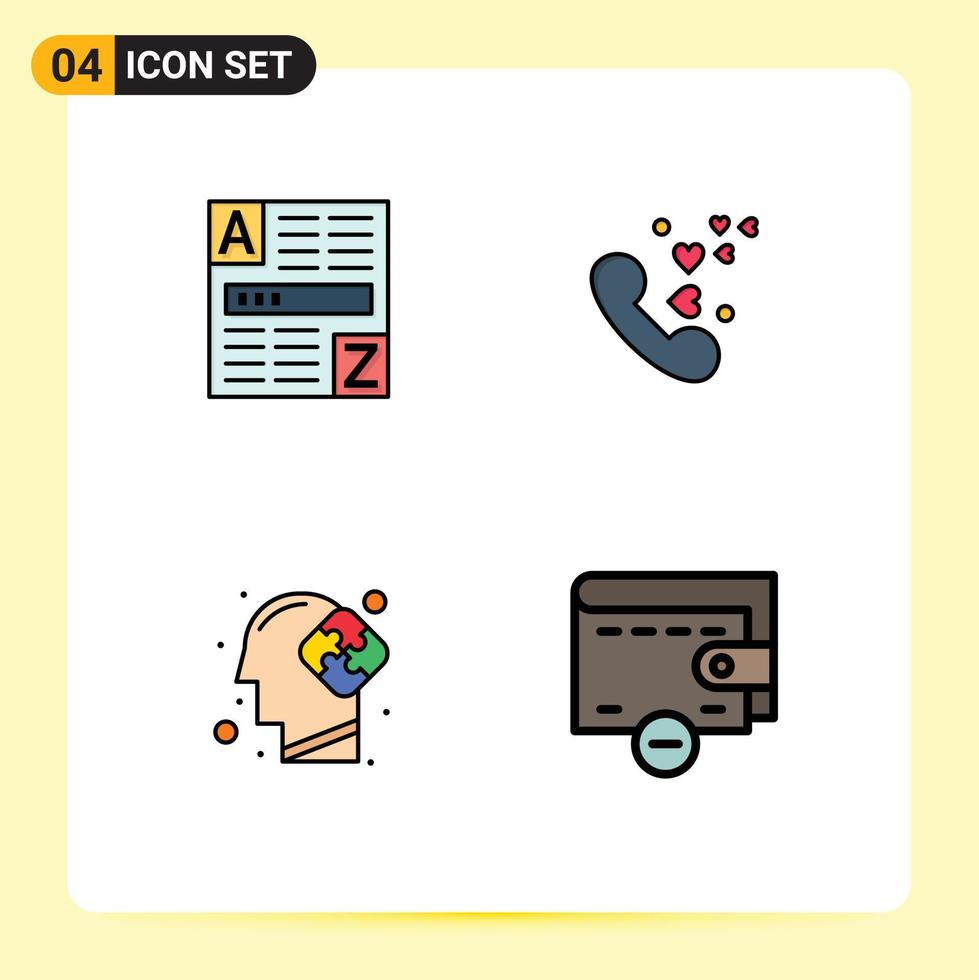 Mobile Interface Filledline Flat Color Set of 4 Pictograms of browser mind internet heart puzzle Editable Vector Design Elements