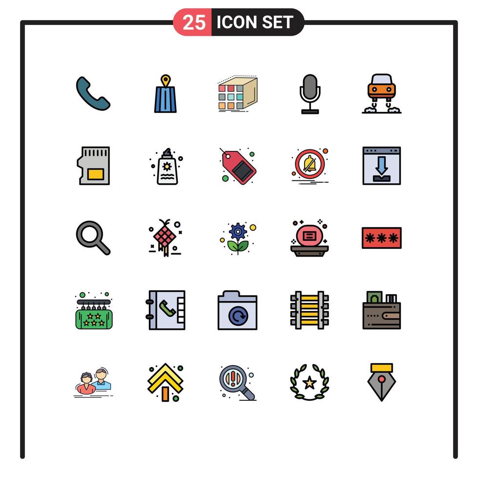Editable Vector Line Pack of 25 Simple Filled line Flat Colors of flying record cube microphone broadcast Editable Vector Design Elements