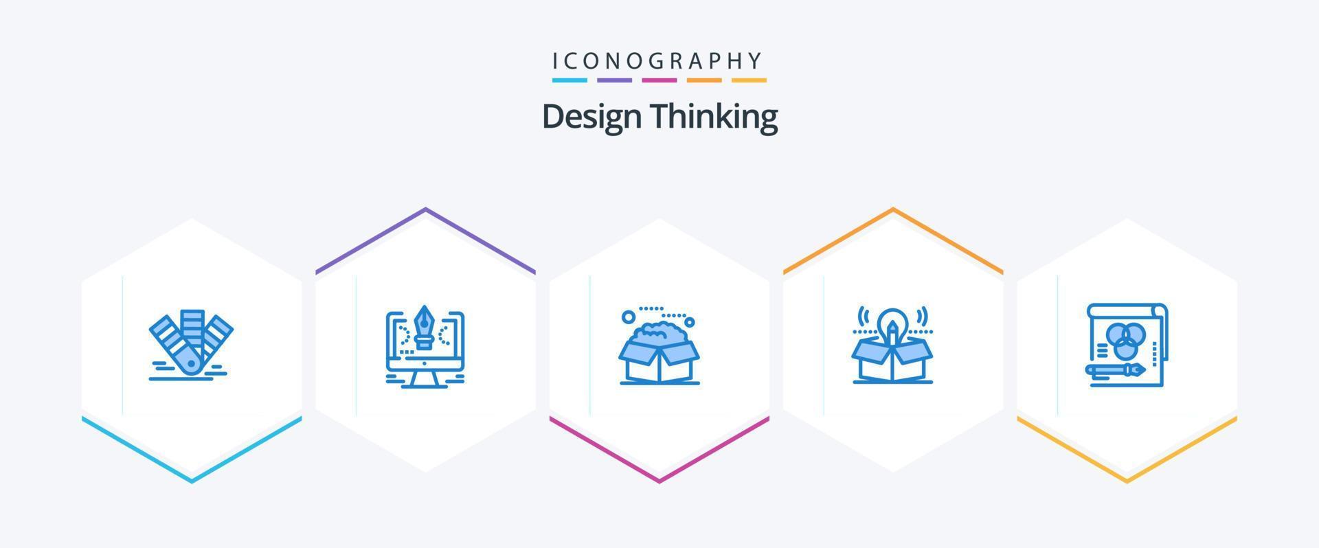 Design Thinking 25 paquete de iconos azules que incluye bombilla. caja. software. Servicio. producto vector