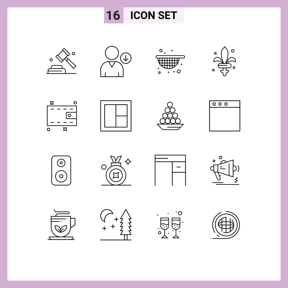 16 User Interface Outline Pack of modern Signs and Symbols of frame money agriculture wallet weapon Editable Vector Design Elements