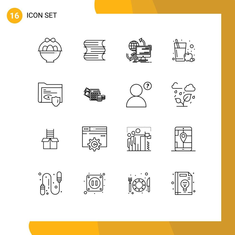 Editable Vector Line Pack of 16 Simple Outlines of surveillance folder monitoring gdpr fruit juice Editable Vector Design Elements