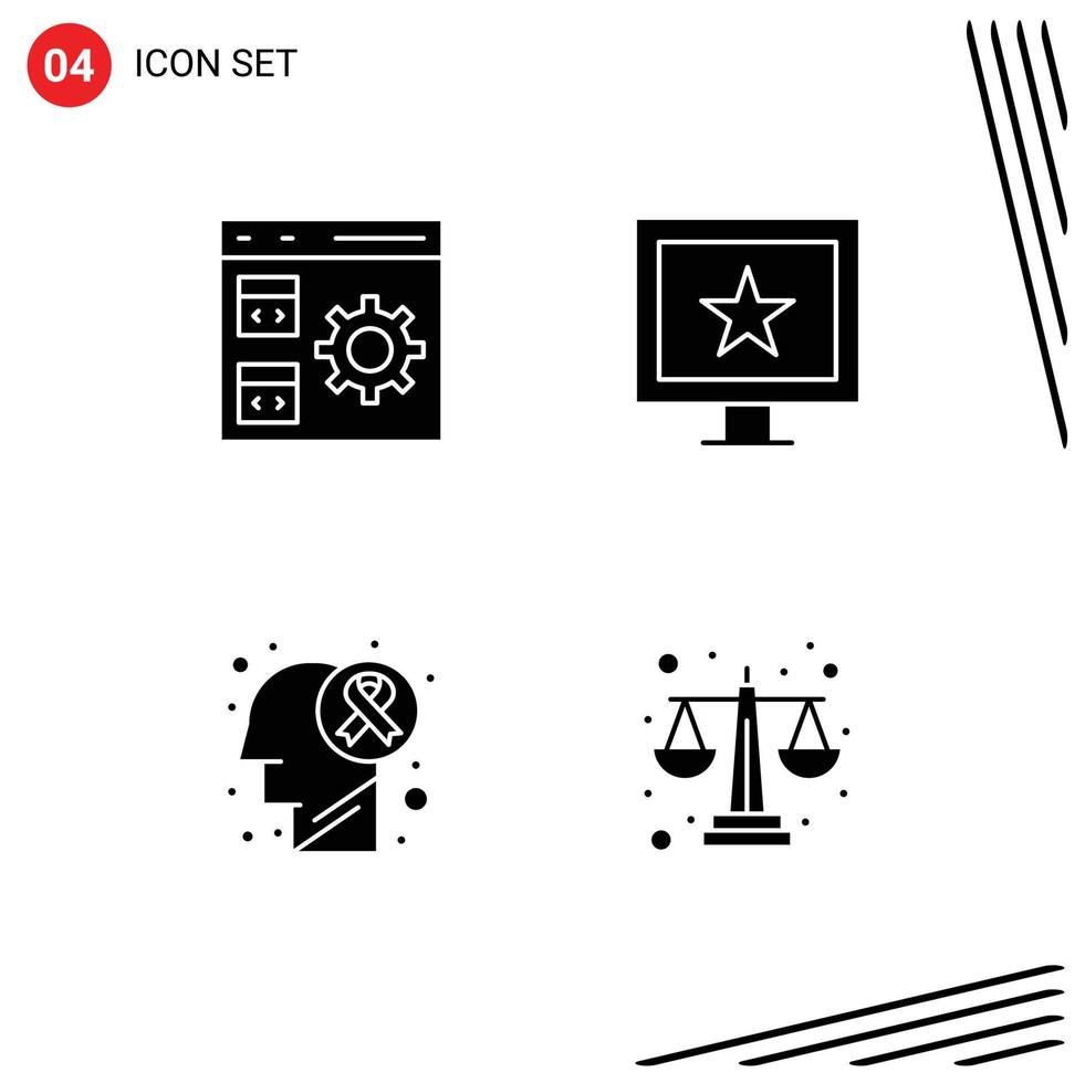 Mobile Interface Solid Glyph Set of 4 Pictograms of app brain tumor development stars disease Editable Vector Design Elements