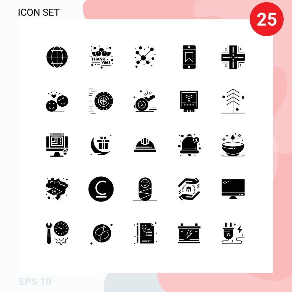 Set of 25 Vector Solid Glyphs on Grid for server datacenter molecule database device Editable Vector Design Elements