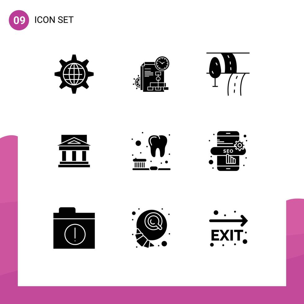 Pictogram Set of 9 Simple Solid Glyphs of government court business building bank Editable Vector Design Elements