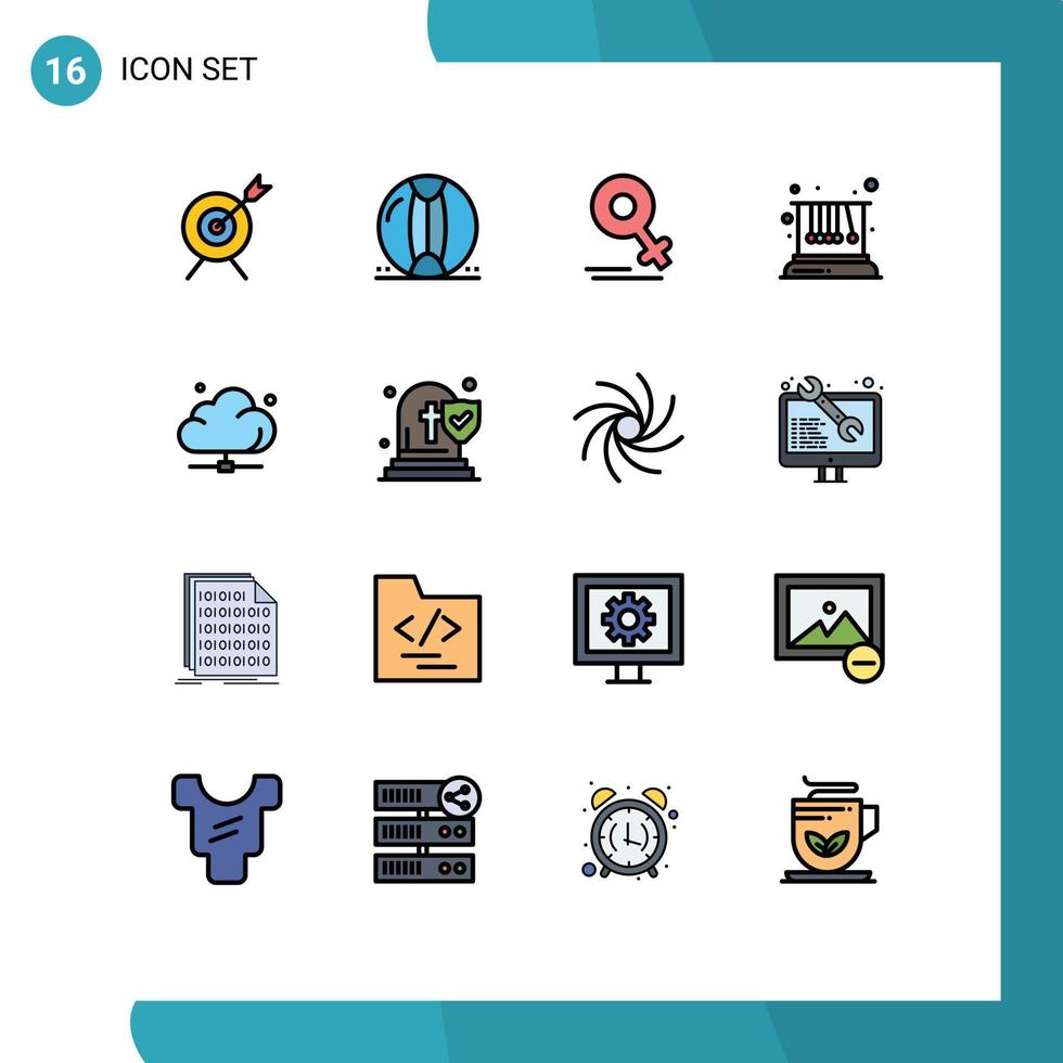 paquete de 16 líneas llenas de colores planos modernos, signos y símbolos para medios de impresión web, como elementos de diseño de vectores creativos editables del movimiento de física femenina de la escuela de datos