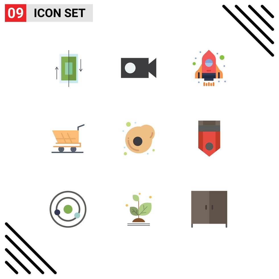 Editable Vector Line Pack of 9 Simple Flat Colors of omelet breakfast rocket buy trolley Editable Vector Design Elements