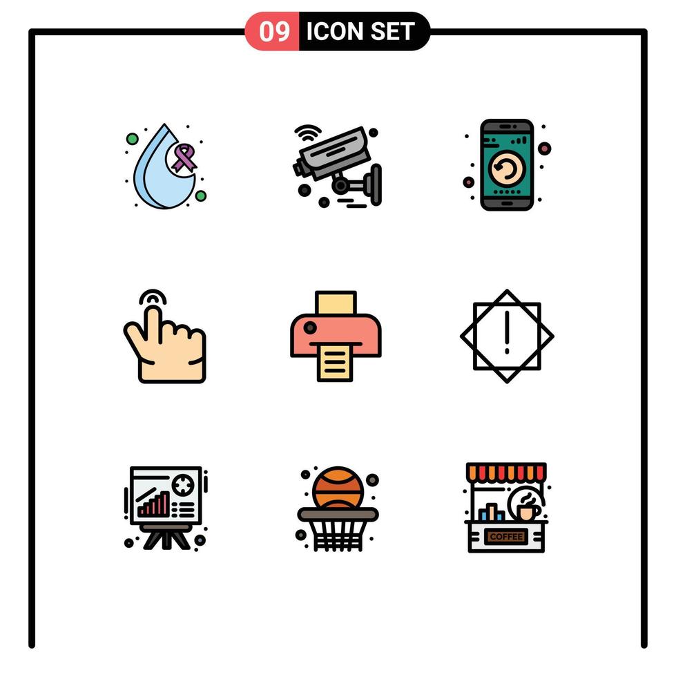 Set of 9 Vector Filledline Flat Colors on Grid for printer gesture wifi double phone Editable Vector Design Elements