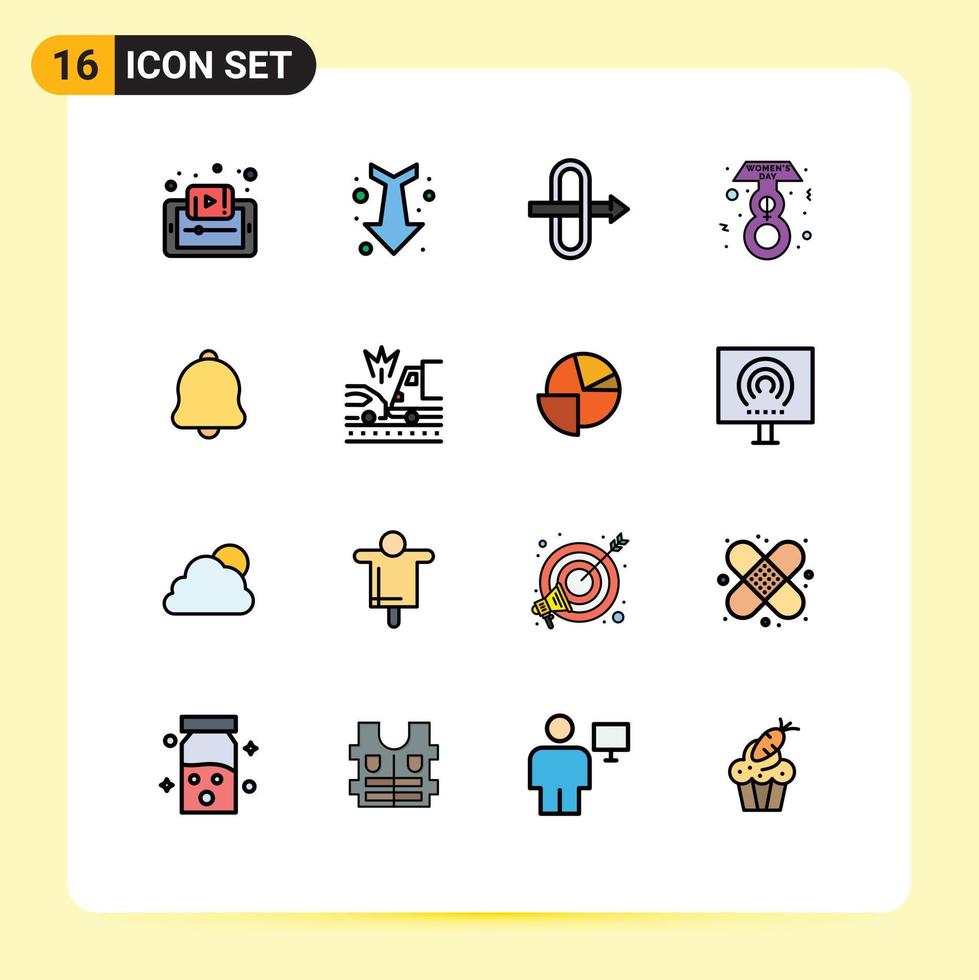 16 Universal Flat Color Filled Lines Set for Web and Mobile Applications notification alert full day eight march Editable Creative Vector Design Elements