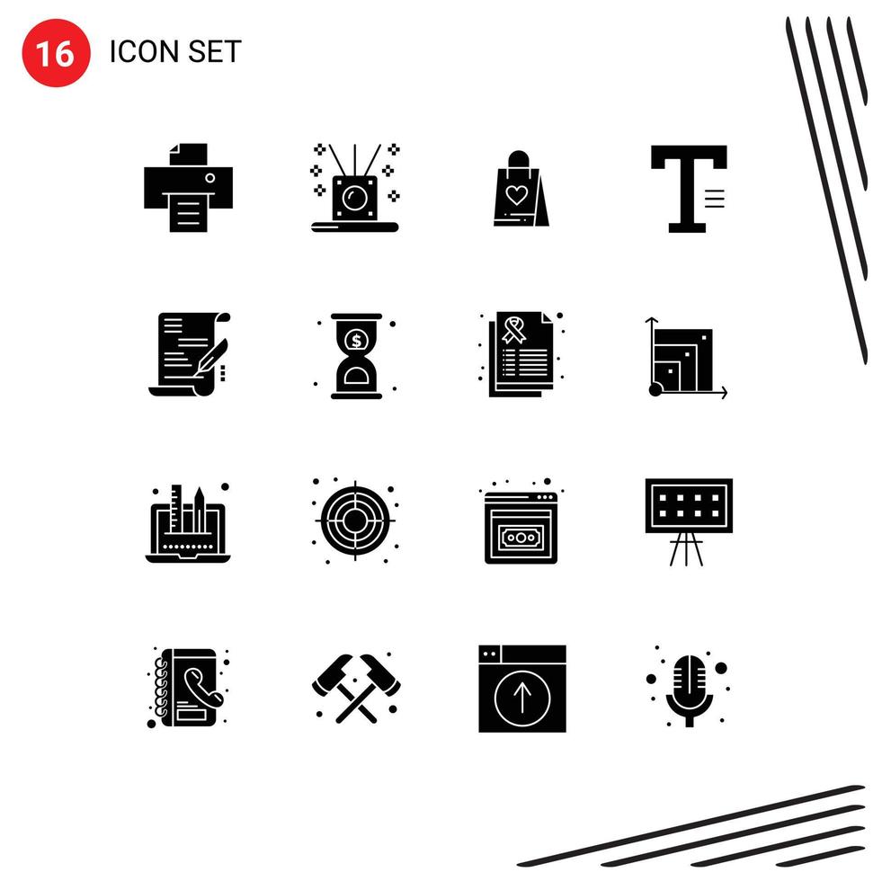 Universal Icon Symbols Group of 16 Modern Solid Glyphs of document agreement love word text Editable Vector Design Elements