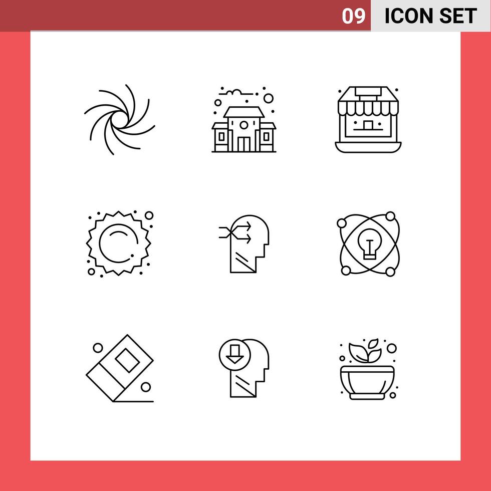 9 User Interface Outline Pack of modern Signs and Symbols of thinking head shopping mental chang sun Editable Vector Design Elements
