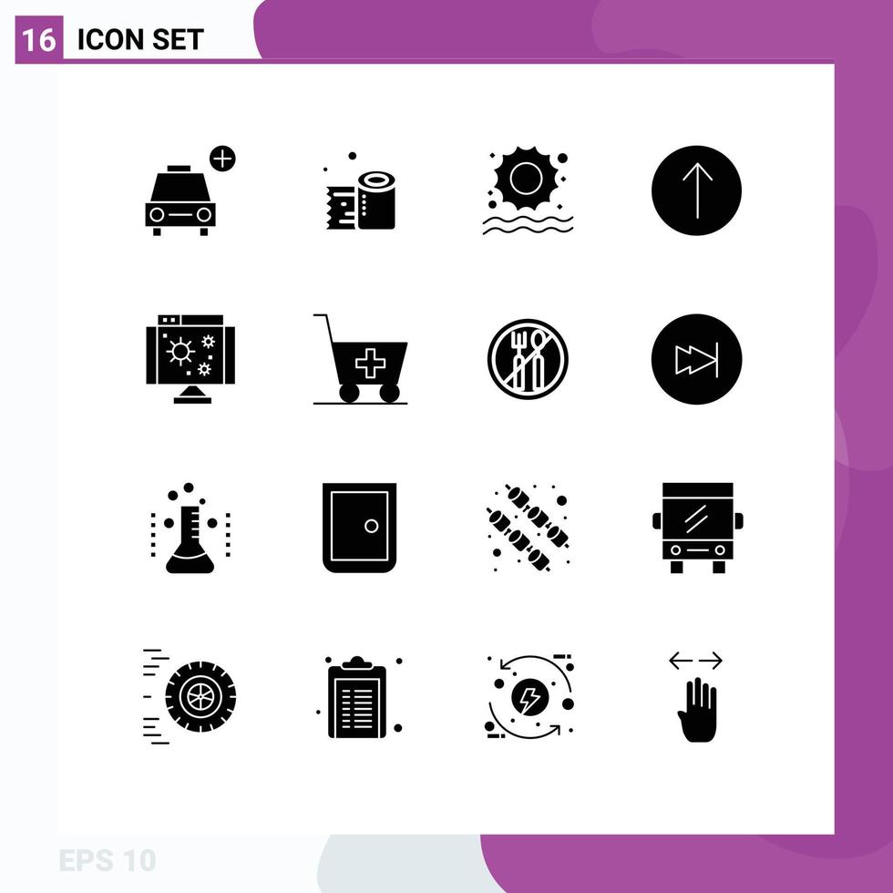 Editable Vector Line Pack of 16 Simple Solid Glyphs of virus computer beach biology symbols Editable Vector Design Elements