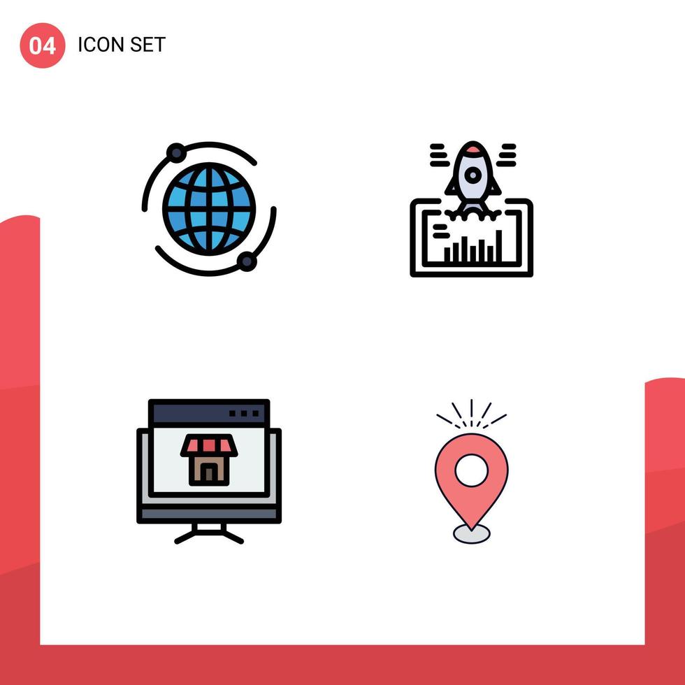 Pack of 4 creative Filledline Flat Colors of world marketing launch startup online Editable Vector Design Elements