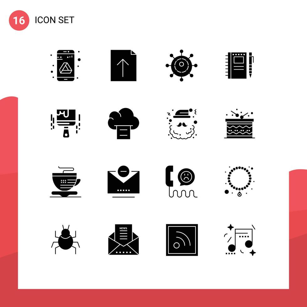 Set of 16 Commercial Solid Glyphs pack for color paint brush networking sketch notebook Editable Vector Design Elements