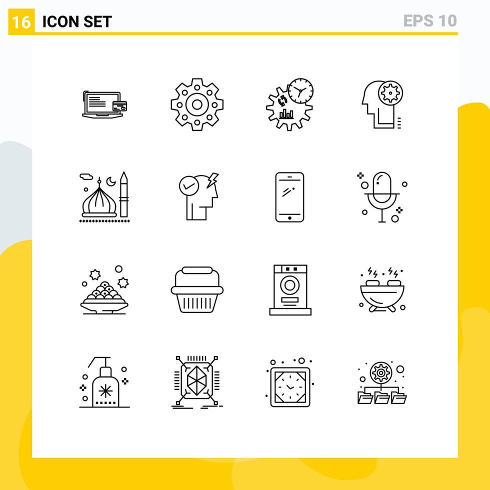 16 Universal Outlines Set for Web and Mobile Applications cresent mosque engineering head cogwheel Editable Vector Design Elements