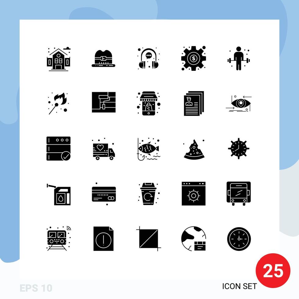 Universal Icon Symbols Group of 25 Modern Solid Glyphs of weightlifting exercise customer dumbbell gear Editable Vector Design Elements