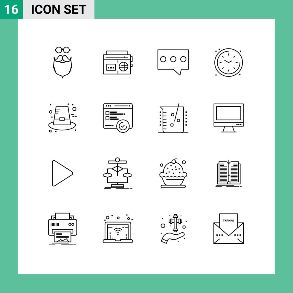 Editable Vector Line Pack of 16 Simple Outlines of hat watch media time home Editable Vector Design Elements