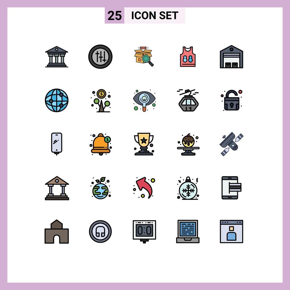 paquete de 25 modernos signos y símbolos de colores planos de línea rellena para medios de impresión web, como búsqueda de entrega de envío, elementos de diseño de vectores editables deportivos t shrit