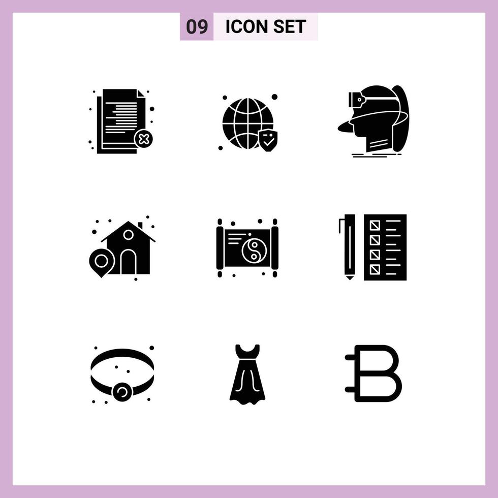 Pack of 9 Modern Solid Glyphs Signs and Symbols for Web Print Media such as location shop verified vr user Editable Vector Design Elements