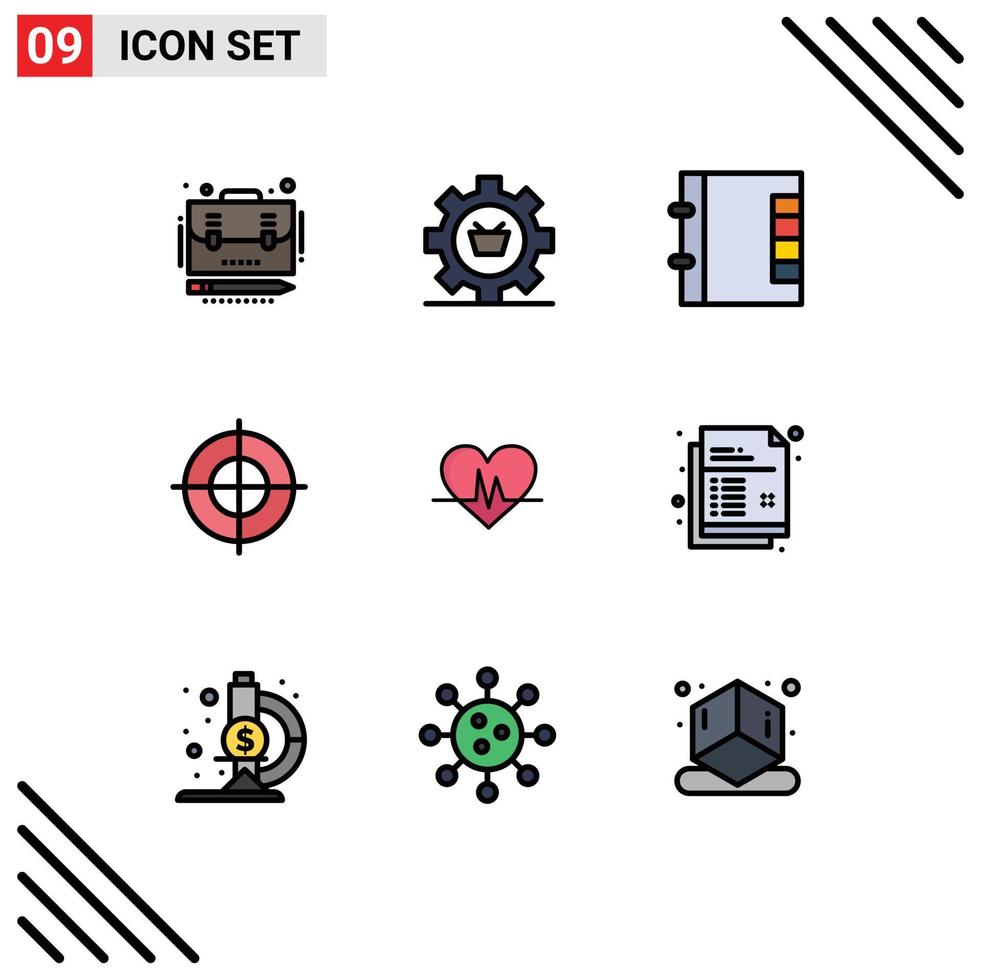 Group of 9 Filledline Flat Colors Signs and Symbols for heart mark gear gun phone Editable Vector Design Elements