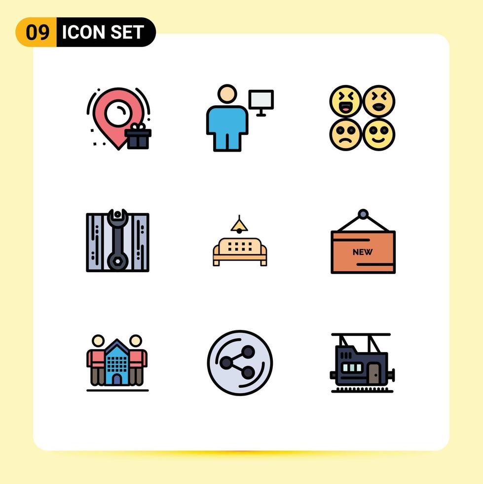 Editable Vector Line Pack of 9 Simple Filledline Flat Colors of home furniture emojis sofa fix Editable Vector Design Elements