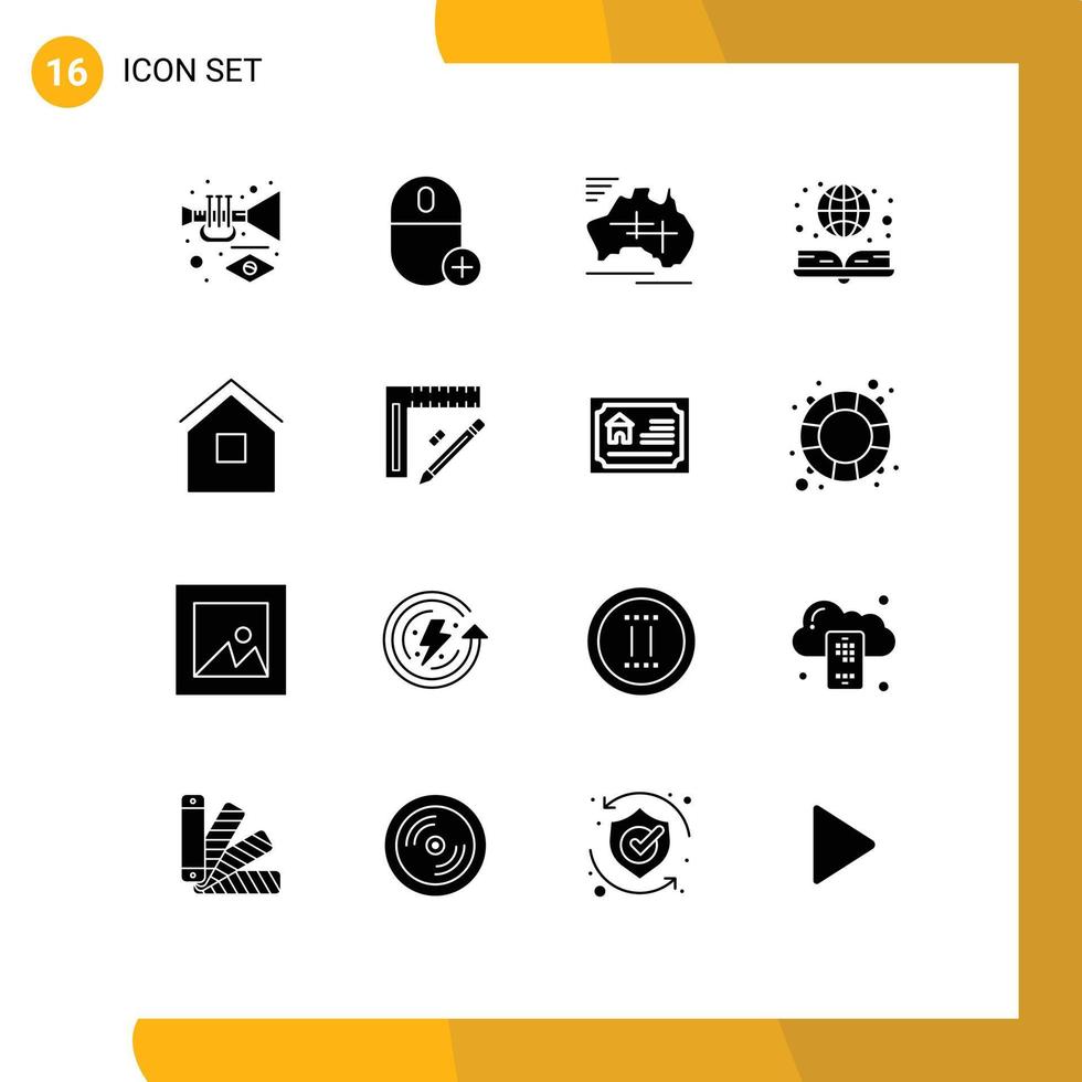 Paquete de glifos sólidos de 16 interfaces de usuario de signos y símbolos modernos de libros en línea, hardware de libros electrónicos, viajes, elementos de diseño vectorial editables vector