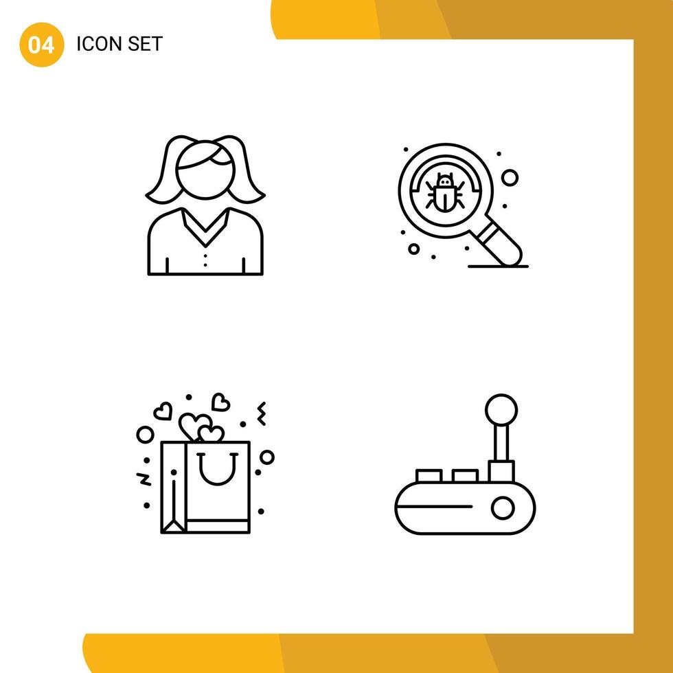 Mobile Interface Line Set of 4 Pictograms of female love bug virus controller Editable Vector Design Elements