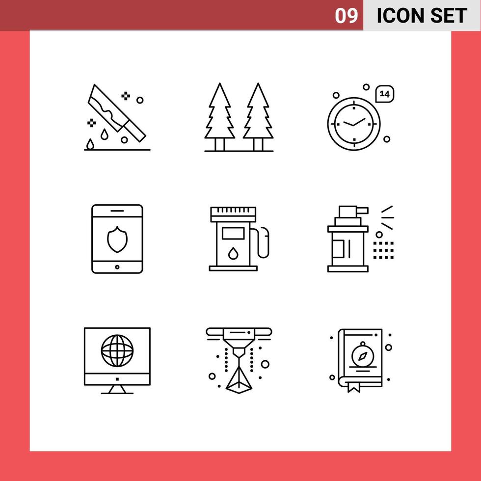 Universal Icon Symbols Group of 9 Modern Outlines of gas station smartphone tree shield heart Editable Vector Design Elements