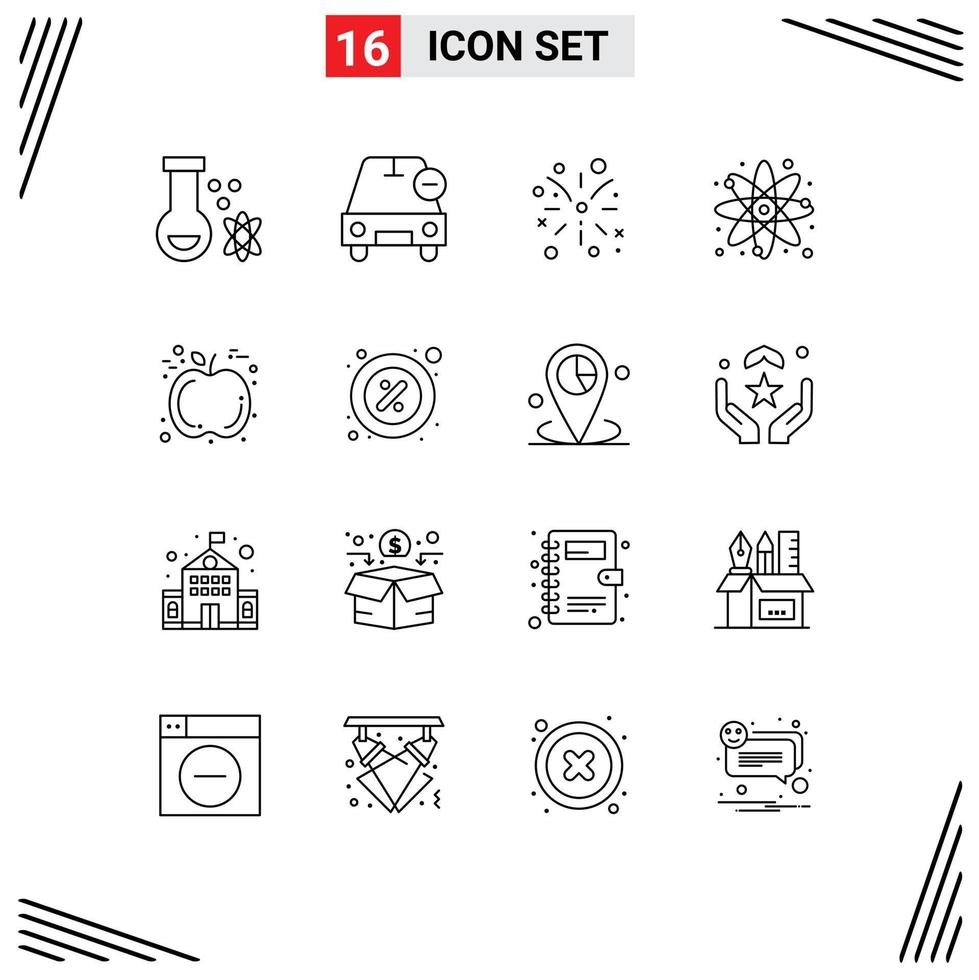 Pictogram Set of 16 Simple Outlines of apple study vehicles science chemical Editable Vector Design Elements