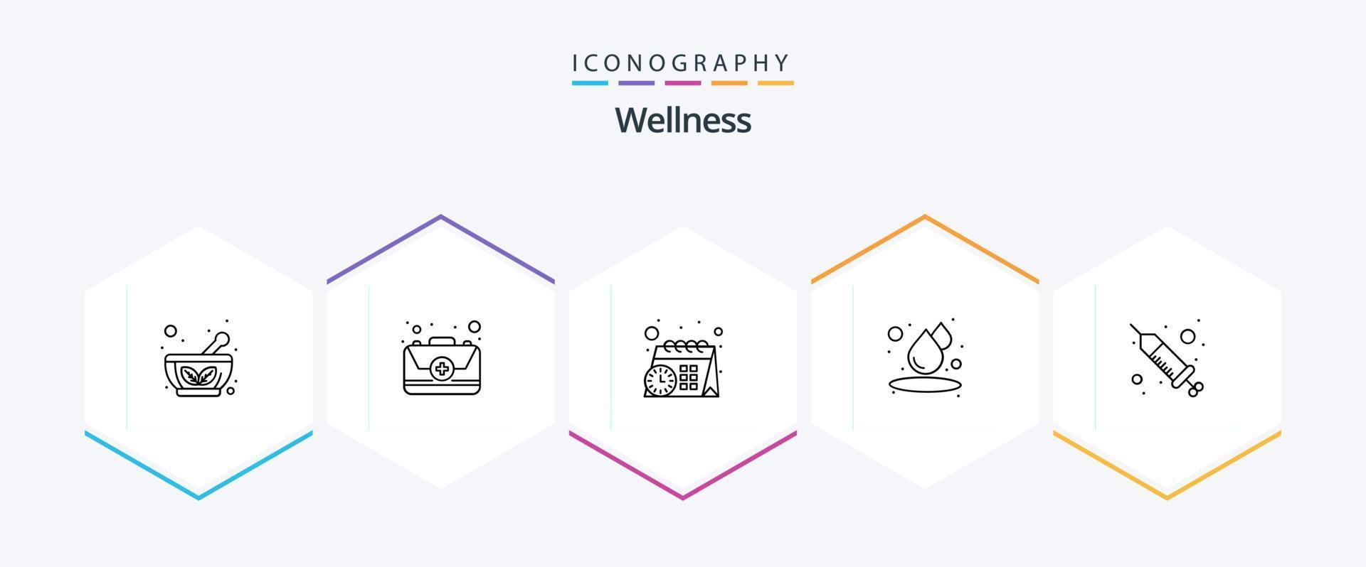 Wellness 25 Line icon pack including spa. injection. calendar. drop. humid vector