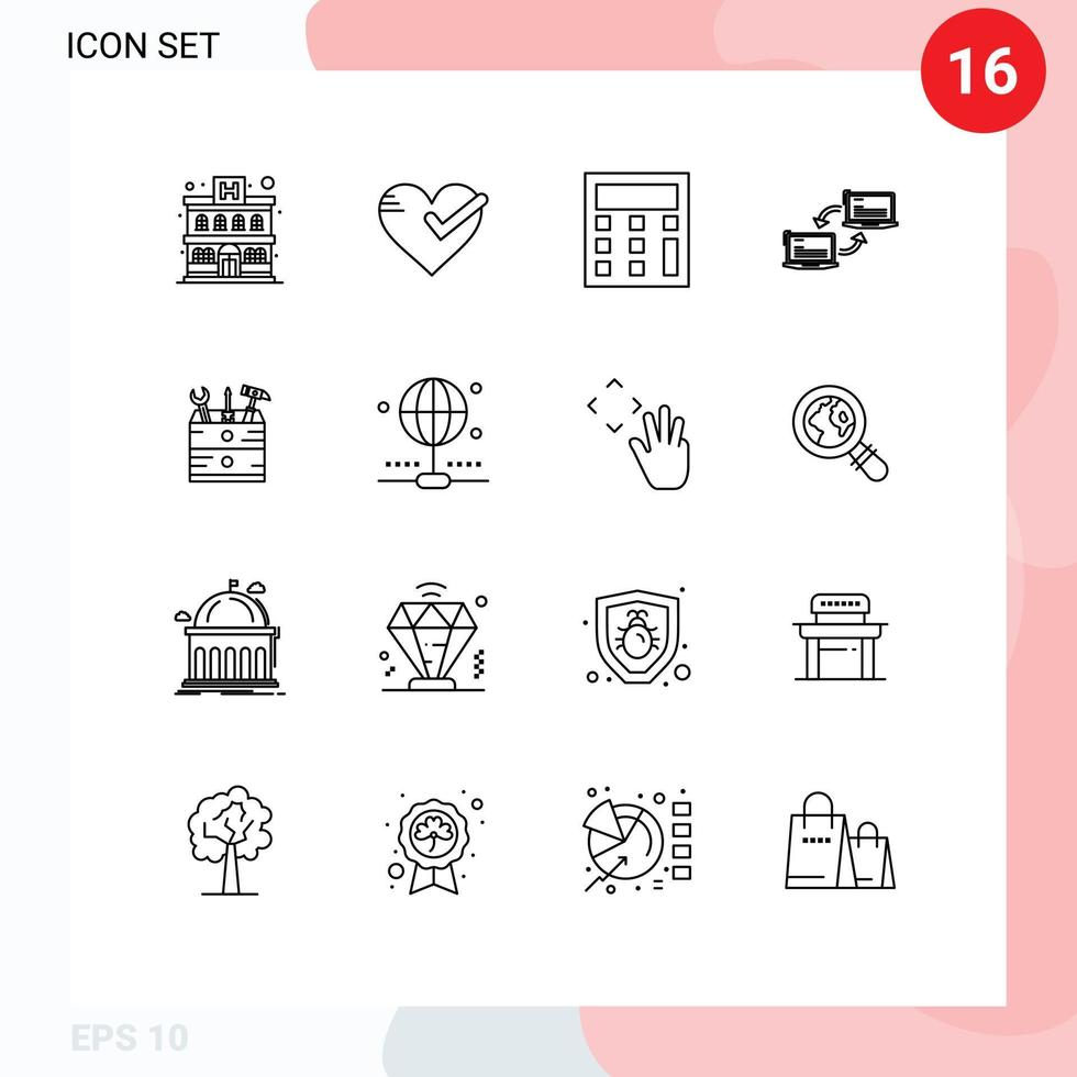 Set of 16 Vector Outlines on Grid for box sync calculate network connection Editable Vector Design Elements