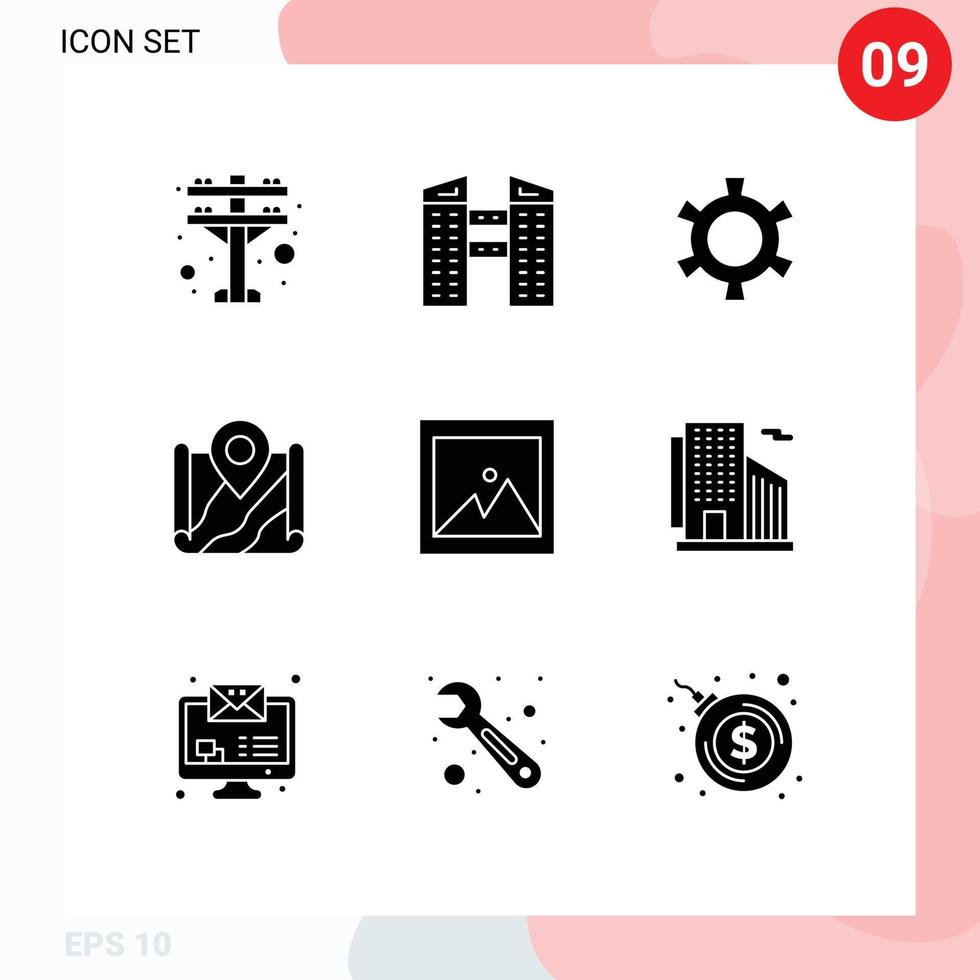 Set of 9 Commercial Solid Glyphs pack for building photo setting image google Editable Vector Design Elements